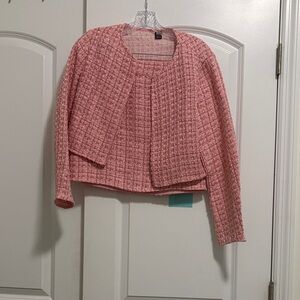 Pink Textured Cropped Jacket and skirt